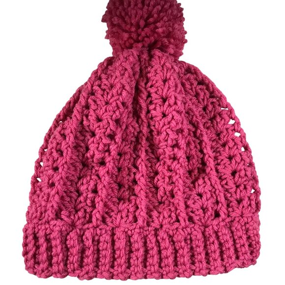 Winter Hat w/PomPom Handmade Crocheted Deep Pink By Donna L.Fits Head 18-22" - Picture 2 of 4